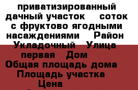 приватизированный дачный участок 10 соток с фруктово-ягодными насаждениями  › Район ­ Укладочный › Улица ­ первая › Дом ­ 45 › Общая площадь дома ­ 4 › Площадь участка ­ 100 › Цена ­ 50 000 - Алтайский край, Первомайский р-н Недвижимость » Дома, коттеджи, дачи продажа   . Алтайский край